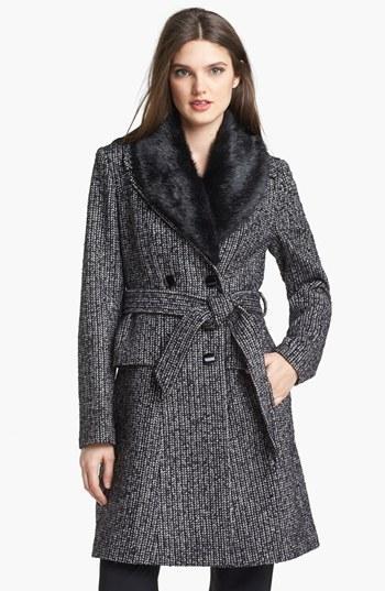 Ivanka Trump Belted Tweed Coat With Detachable Faux Fur