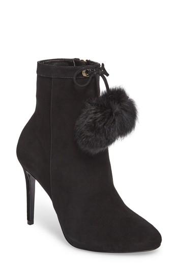 Women's Michael Michael Kors Remi Bootie With Genuine Rabbit Fur Pom .5 M - Black