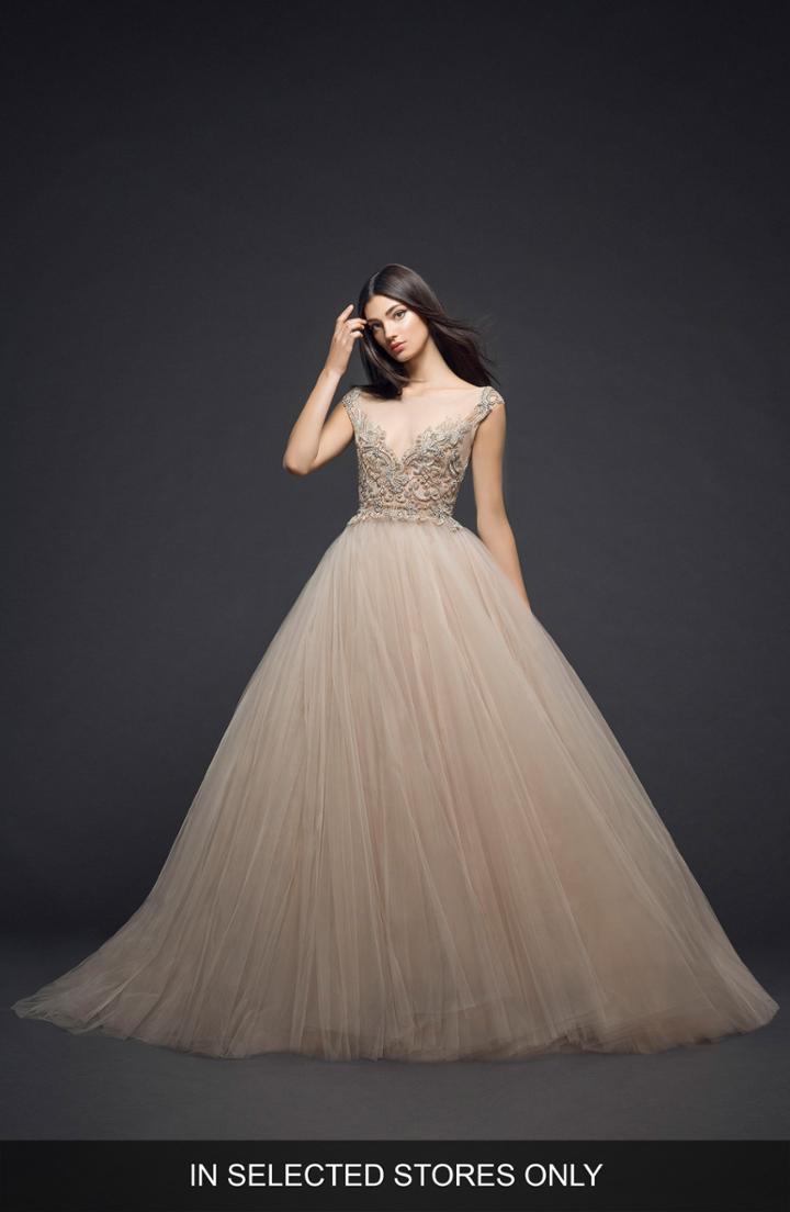 Women's Lazaro Beaded Cap Sleeve Ballgown, Size - Ivory