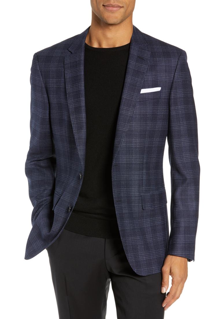 Men's Boss Slim Fit Check Virgin Wool Sport Coat R - Blue