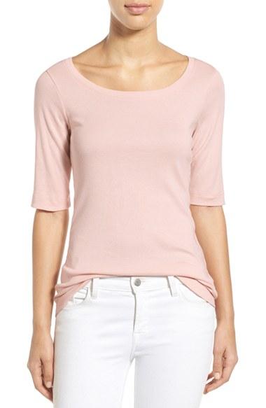 Petite Women's Caslon Ballet Neck Cotton & Modal Knit Elbow Sleeve Tee, Size P - Pink