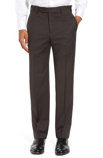 Men's Zanella Devon Flat Front Solid Wool Serge Trousers - Brown