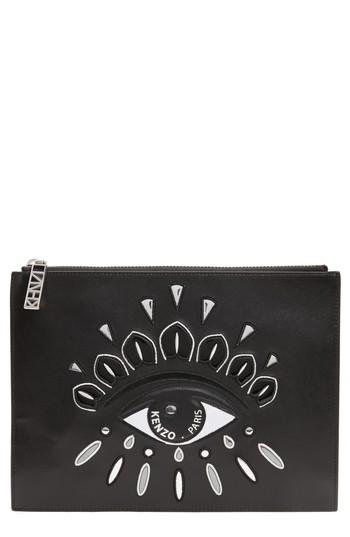 Kenzo A4 Eye Embroidered Leather Pouch - Black