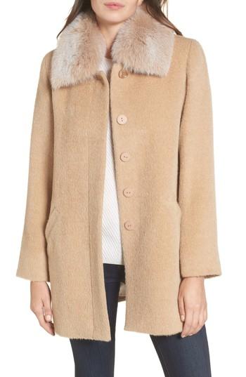Women's Sofia Cashmere Wool & Alpaca Car Coat With Genuine Fox Fur Club Collar - Beige