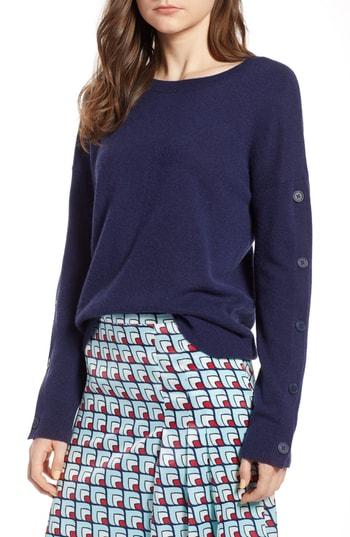 Women's Halogen Cashmere Button Sleeve Sweater, Size - Blue