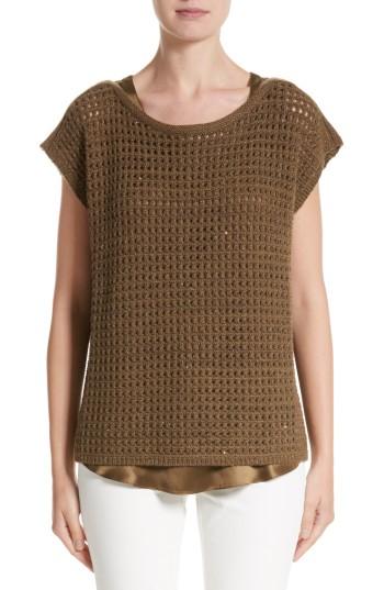 Women's Lafayette 148 New York Cashmere Open Stitch Sequin Sweater, Size - Brown