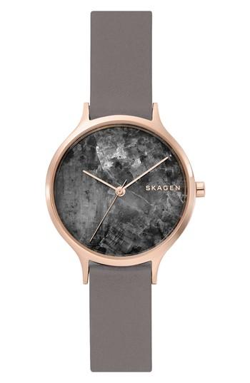 Women's Skagen Anita Stone Dial Leather Strap Watch, 34mm