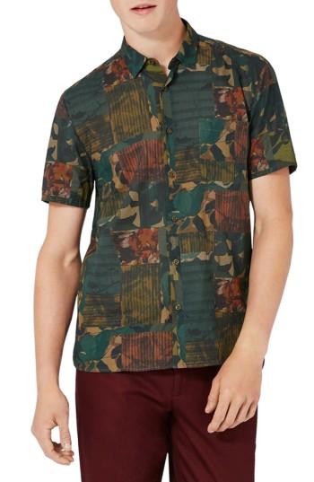 Men's Topman Slim Fit Patchwork Cabana Print Sport Shirt - Blue