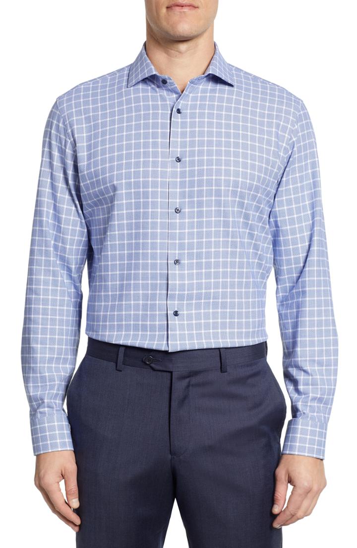 Men's Nordstrom Men's Shop Tech-smart Trim Fit Stretch Plaid Dress Shirt .5 - 32/33 - Blue