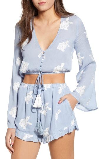 Women's Lost + Wander Iris Embroidered Bell Sleeve Crop Top - Blue