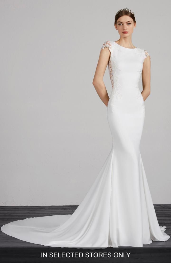 Women's Pronovias Melva Beaded Crepe Mermaid Gown, Size In Store Only - Ivory