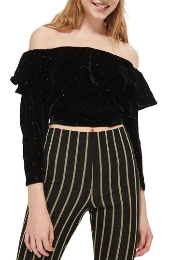 Women's Topshop Studded Off The Shoulder Velvet Top Us (fits Like 0) - Black