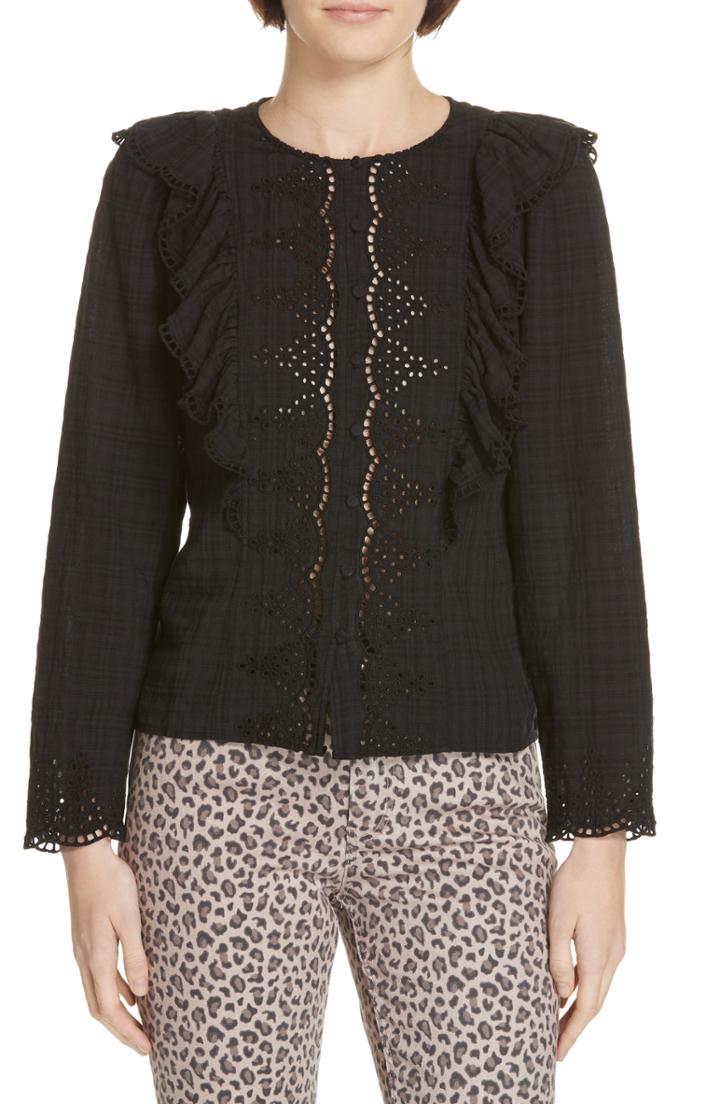 Women's La Vie Rebecca Taylor Embroidered Ruffle Blouse - Black