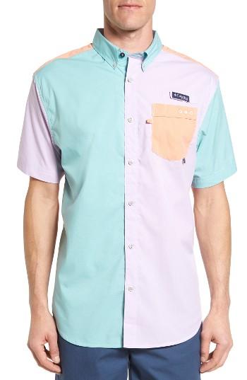 Men's Columbia Pfg Super Harborside Colorblock Woven Shirt - Blue/green