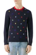 Men's Gucci Bee Embroidered Wool Crewneck Sweater - Blue