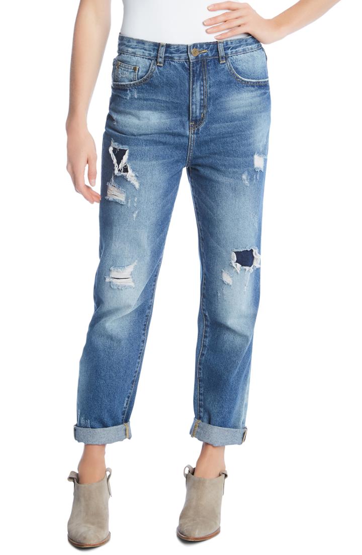Women's Karen Kane Ripped High Waist Girlfriend Jeans - Blue