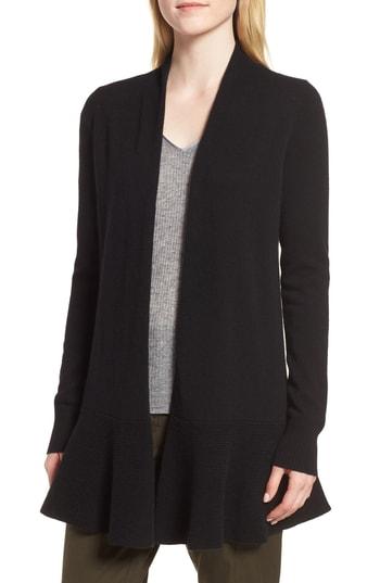 Women's Nordstrom Signature Cashmere Ruffle Hem Open Cardigan - Black