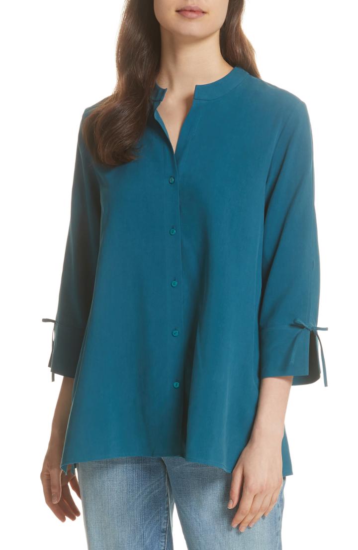Women's Eileen Fisher Tie Sleeve Silk Shirt - Green