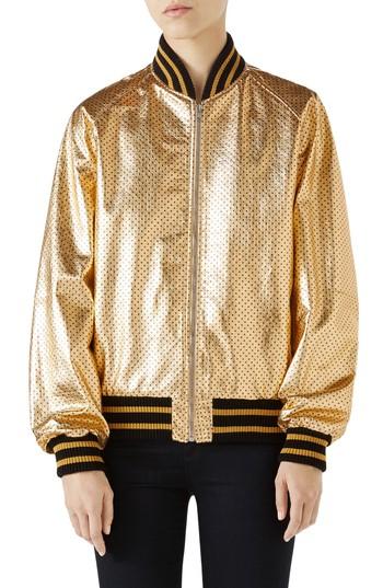 Women's Gucci Metallic Perforated Leather Bomber Jacket Us / 42 It - Metallic