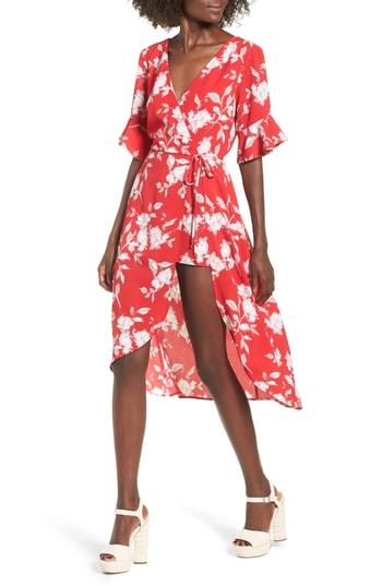 Women's Row A Floral Print Faux Wrap Midi Romper - Red