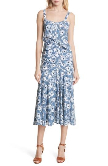 Women's Veronica Beard Marena Ruched Waist Floral Midi Dress - Blue