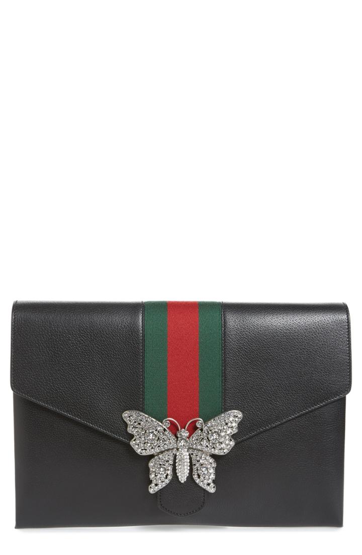 Gucci Totem Crystal Embellished Butterfly Leather Clutch -