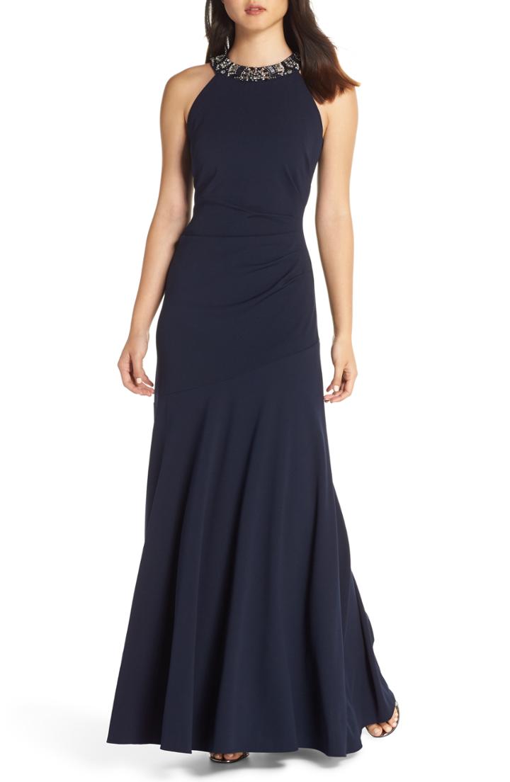 Women's Vince Camuto Beaded Neck Trumpet Gown - Blue