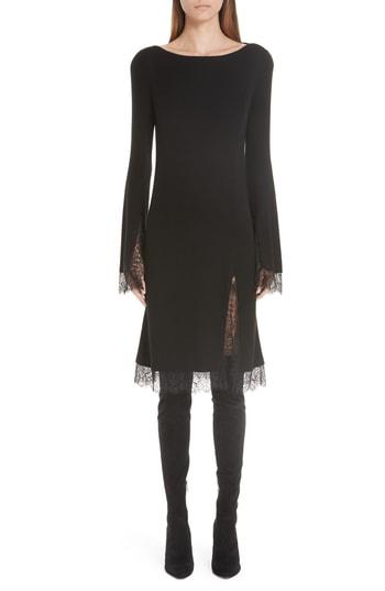 Women's Adeam Lace Trim Ribbed Silk Dress - Black