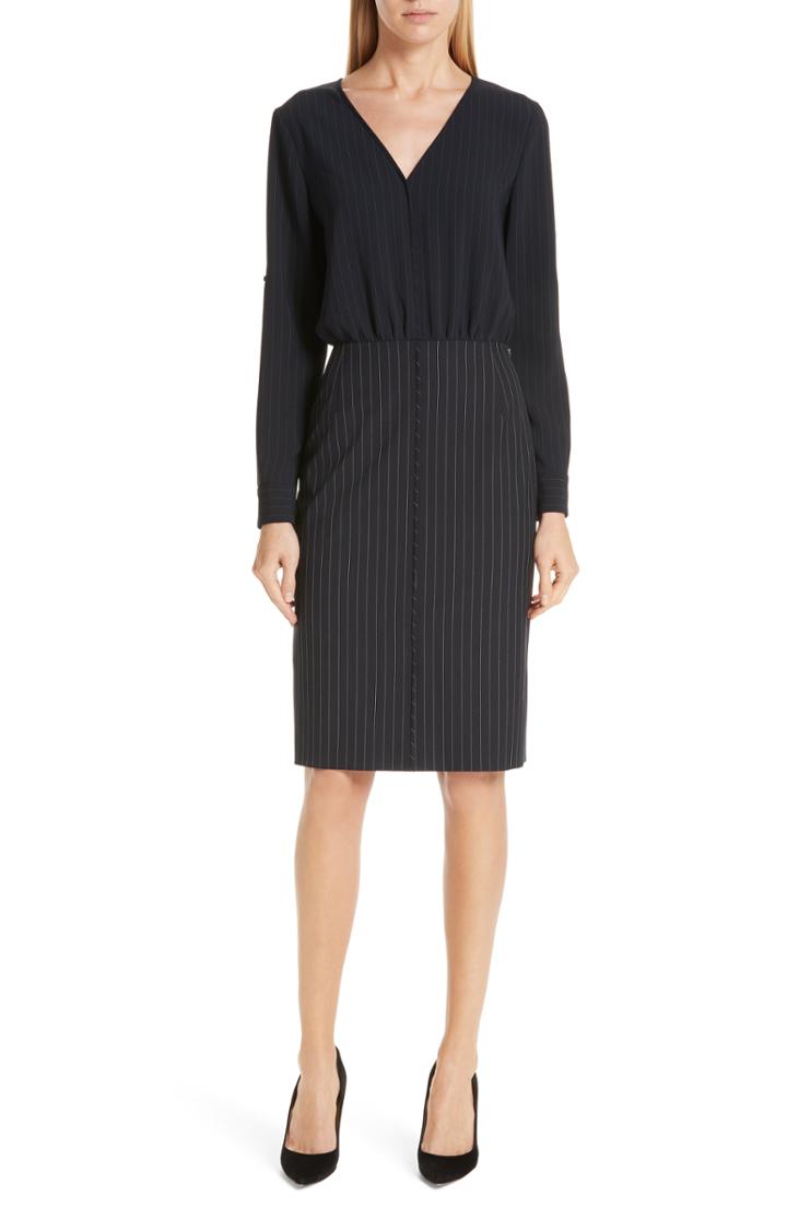 Women's Theory Rib Knit Wool Blend Flounce Dress, Size - Black