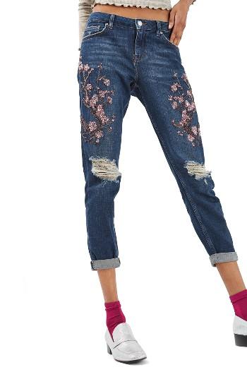 Women's Topshop Lucas Beaded Boyfriend Jeans X 30 - Blue