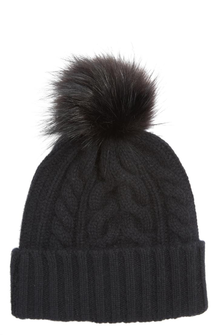 Women's Halogen Cashmere Cable Knit Beanie With Faux Fur Pom -