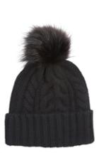 Women's Halogen Cashmere Cable Knit Beanie With Faux Fur Pom -