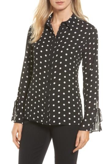 Petite Women's Vince Camuto Flutter Cuff Polka Dot Blouse, Size P - Black