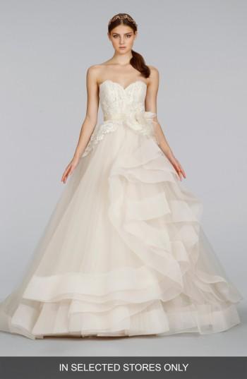 Women's Lazaro Strapless Lace & Layered Tulle Ballgown, Size - Ivory