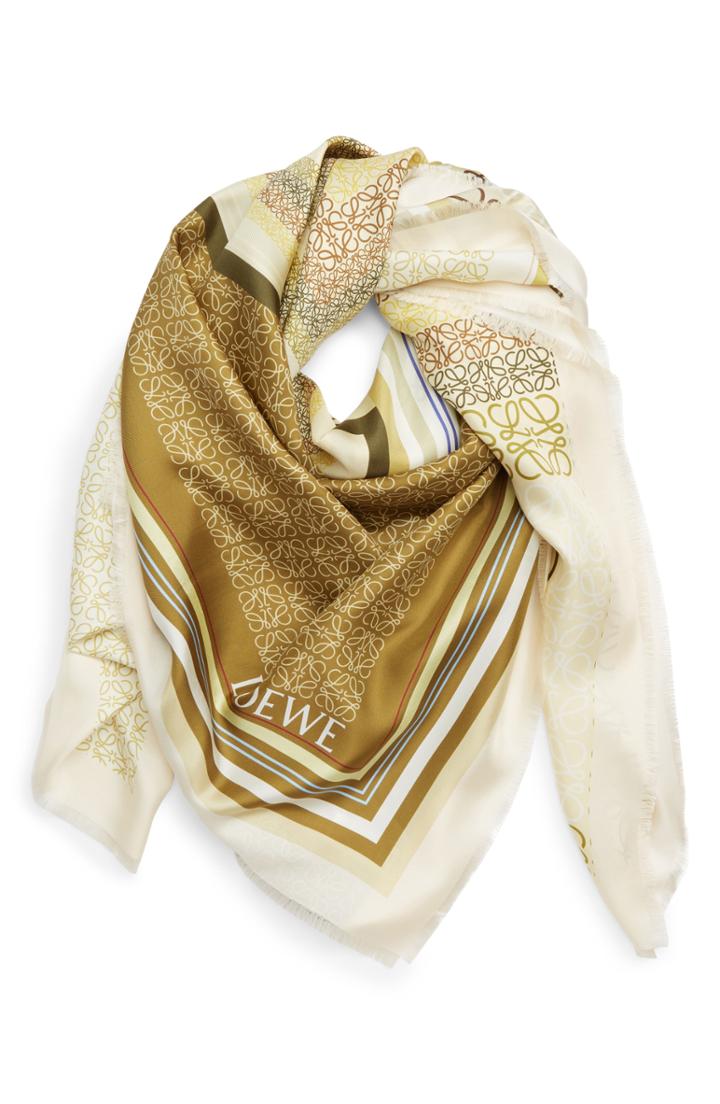 Women's Loewe Patchwork Print Silk Square Scarf, Size - Green