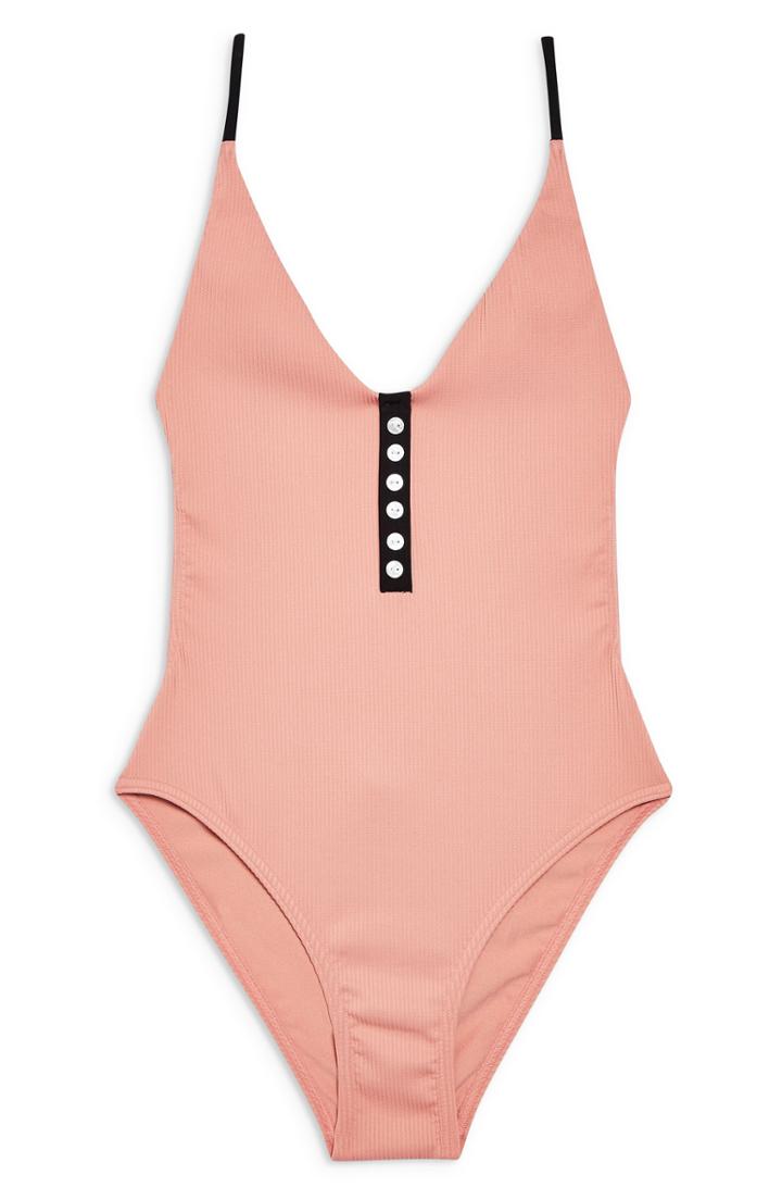Women's Topshop Pamela Ribbed Button One-piece Swimsuit Us (fits Like 0) - Beige