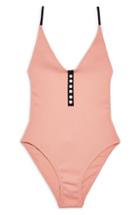 Women's Topshop Pamela Ribbed Button One-piece Swimsuit Us (fits Like 0) - Beige