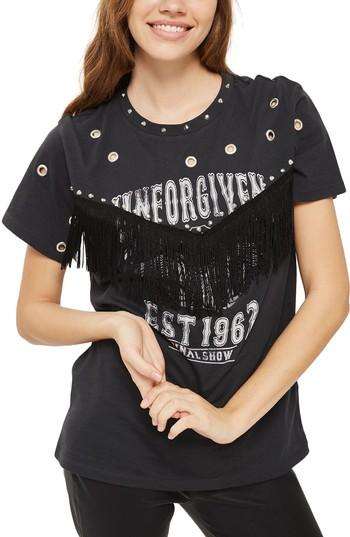 Women's Topshop Unforgiven Studded Fringe Motif Tee Us (fits Like 0) - Black