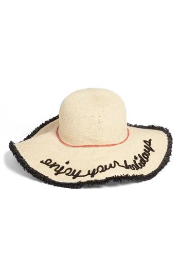 Women's Sole Society Embroidered Straw Sun Hat With Fringe - Beige