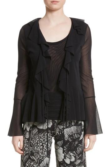 Women's Fuzzi Ruffle Tulle Tie Front Cardigan - Black