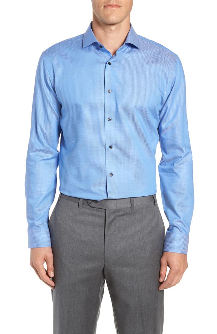 Men's Nordstrom Men's Shop Trim Fit Check Dress Shirt - 34/35 - Blue