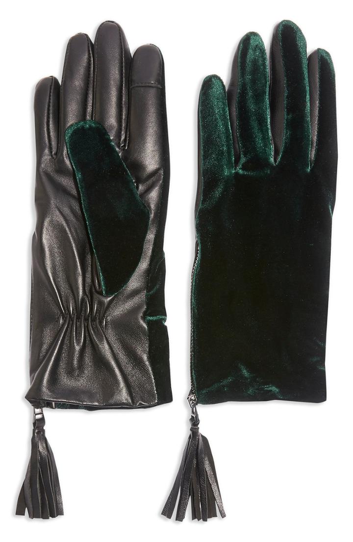 Women's Topshop Velvet & Leather Touchscreen Gloves - Green