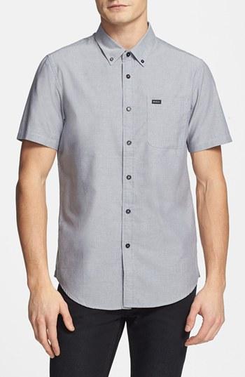 Men's Rvca 'that'll Do' Slim Fit Short Sleeve Oxford Shirt, Size - White