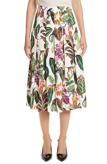 Women's Oscar De La Renta Jungle Print Pleated Stretch Silk Skirt - Green