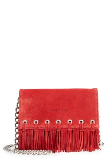 Women's Longchamp Paris Rocks Fringe Calfskin Suede Crossbody Bag - Red