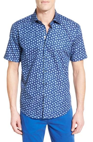 Men's Bugatchi Shaped Fit Polka Dot Sport Shirt - Blue