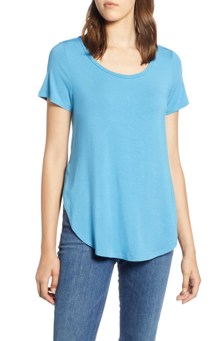 Women's Halogen Short Sleeve Shirttail Tee, Size - Blue