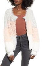 Women's Woven Heart Faux Fur Stripe Knit Jacket - Grey