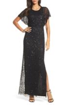 Women's Adrianna Papell Beaded Flutter Sleeve Gown - Black