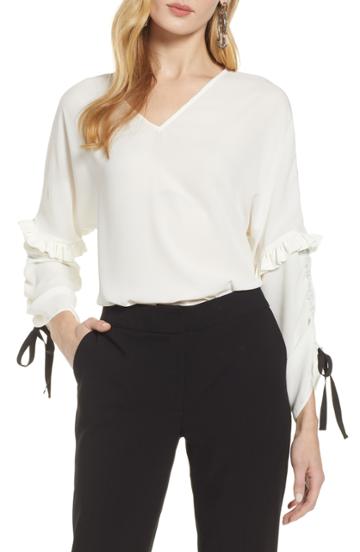 Petite Women's Halogen Ruched Tie Sleeve Top, Size P - Ivory